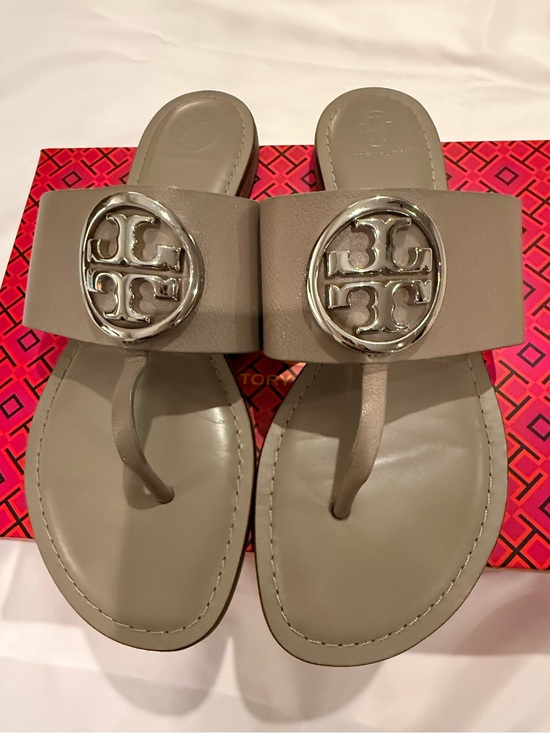 Tory Burch Shoes - Tory Burch Taupe Leather Logo Thong Sandals with Silver Emblem